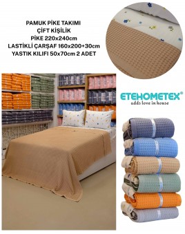 ETEHOMETEX ÇİFT KİŞİLİK %100 PAMUK HAVUZLU PİKE TAKIMI BEJ 8696474232071
